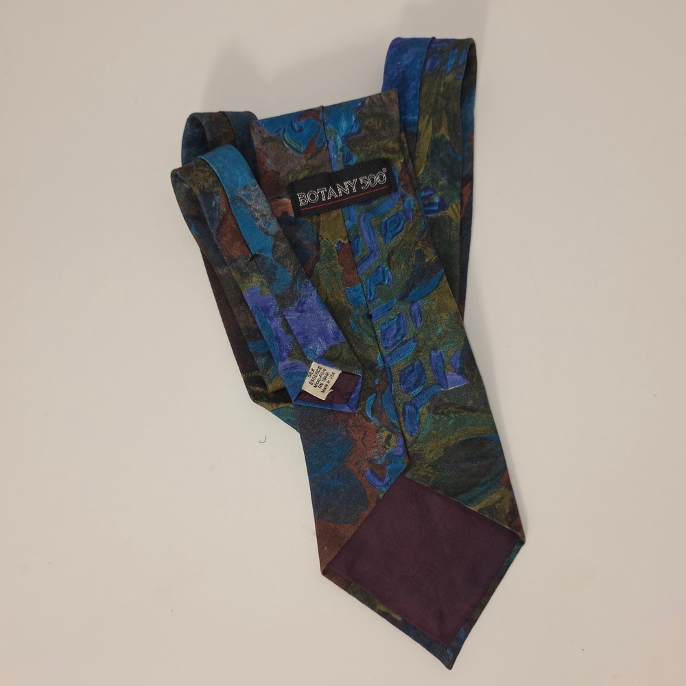Botany 500 Mens Silk Necktie Abstract Floral Blue Green Brown Made in USA Tie